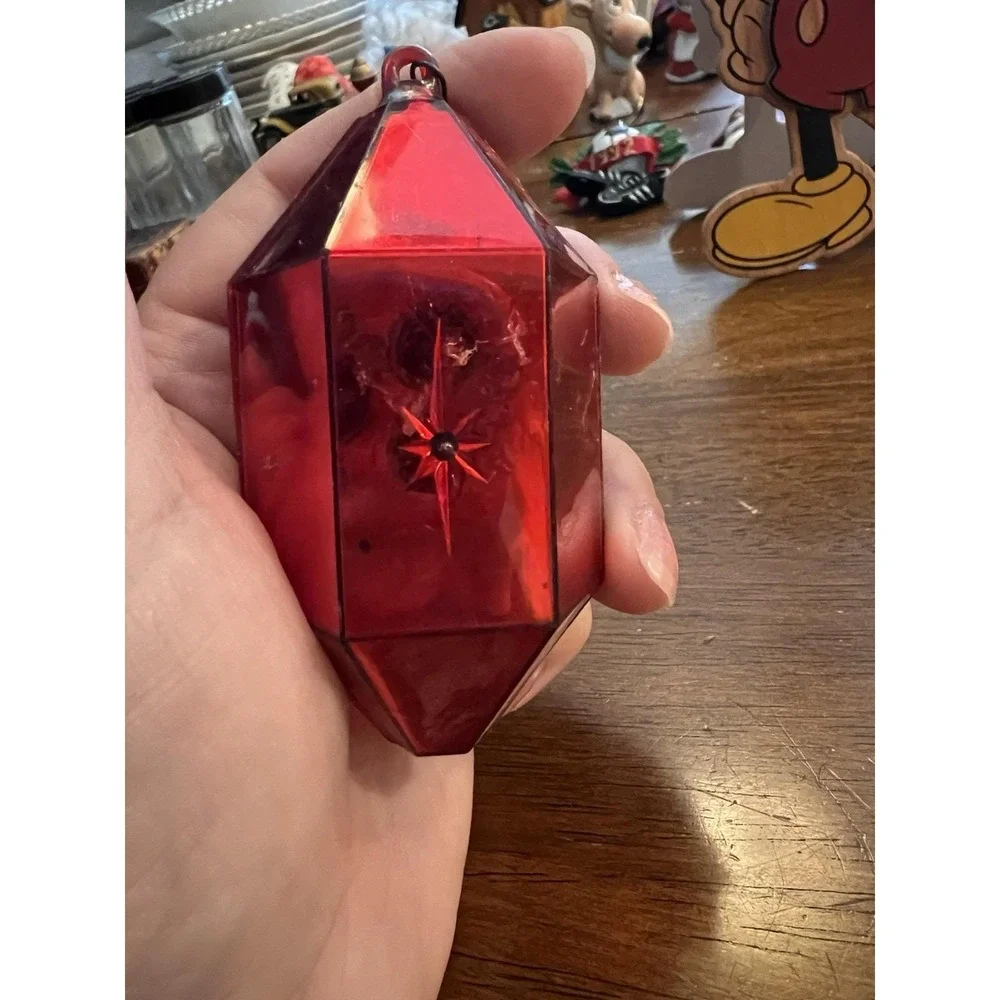 Vtg 1970s Jewel Brite Diorama Christmas Ornament Red Hexagon Lantern Gnome MCM
